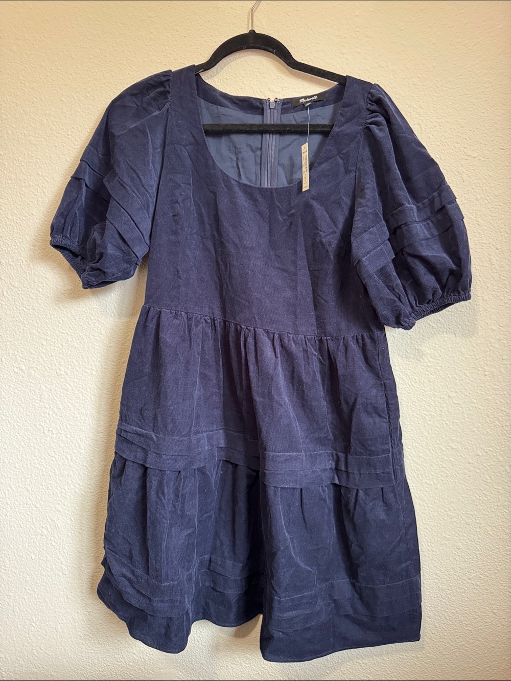 Madewell Navy Puff-Sleeve Tiered Corduroy dress